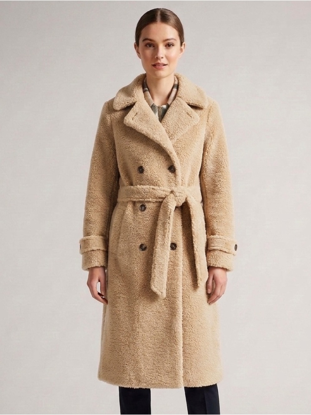 Selected Femme Sz 14 Teddy Tan Cream Cozzy Belted Long Coat